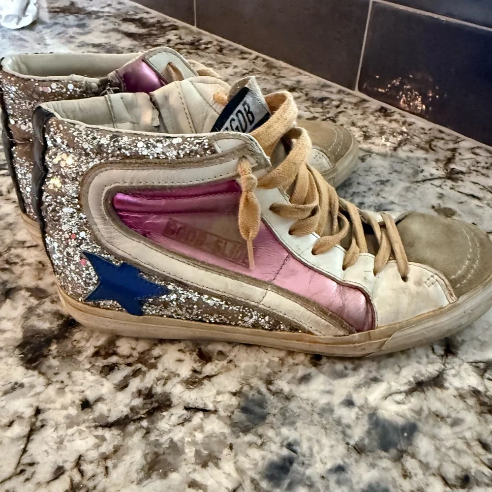 Golden Goose Pink and Silver Glitter Sneakers with Blue Star - Picture 5 of 6